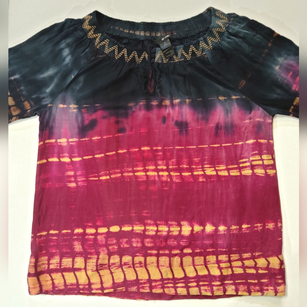 Ali Miles Shirt Womens Medium Pink‎ Black Smock Neck Peasant Top South West Boho